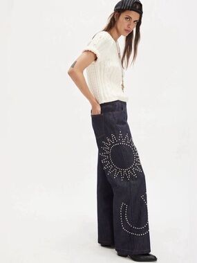 Free People Understated Leather Texas Jeans Studded Scene Zip Dark Indigo